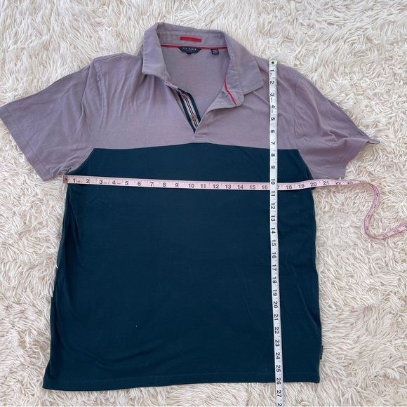 Ted Baker Polo Shirt SZ 5 or L Pink Blue Colorblock Short Sleeve Casual Modern - Picture 2 of 8